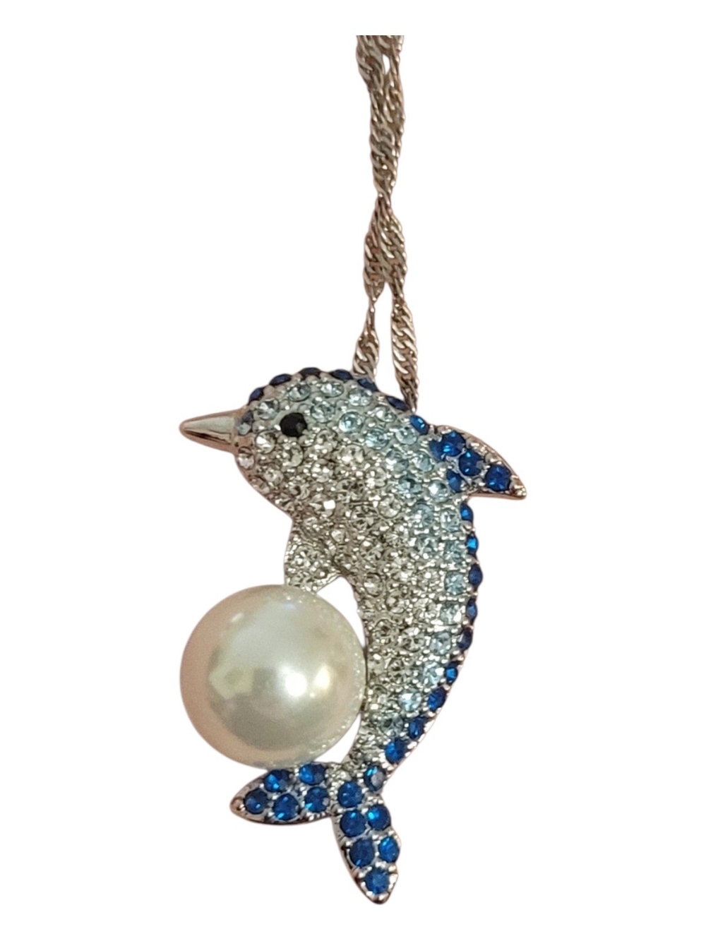 Silver Dolphin Pendant Necklace with Crystal Accents and Pearl
